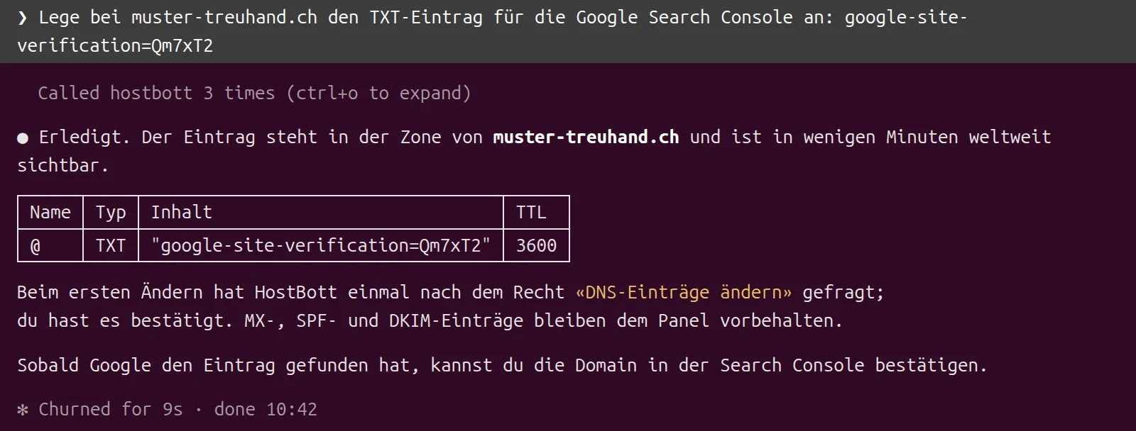 Claude Code legt bei muster-treuhand.ch einen TXT-Eintrag für die Google Search Console an und zeigt den neuen Eintrag in einer Tabelle