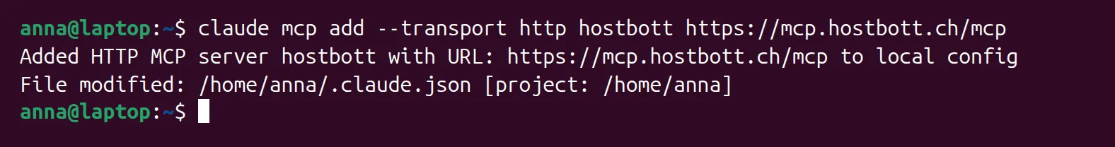 Terminal: claude mcp add meldet Added HTTP MCP server hostbott