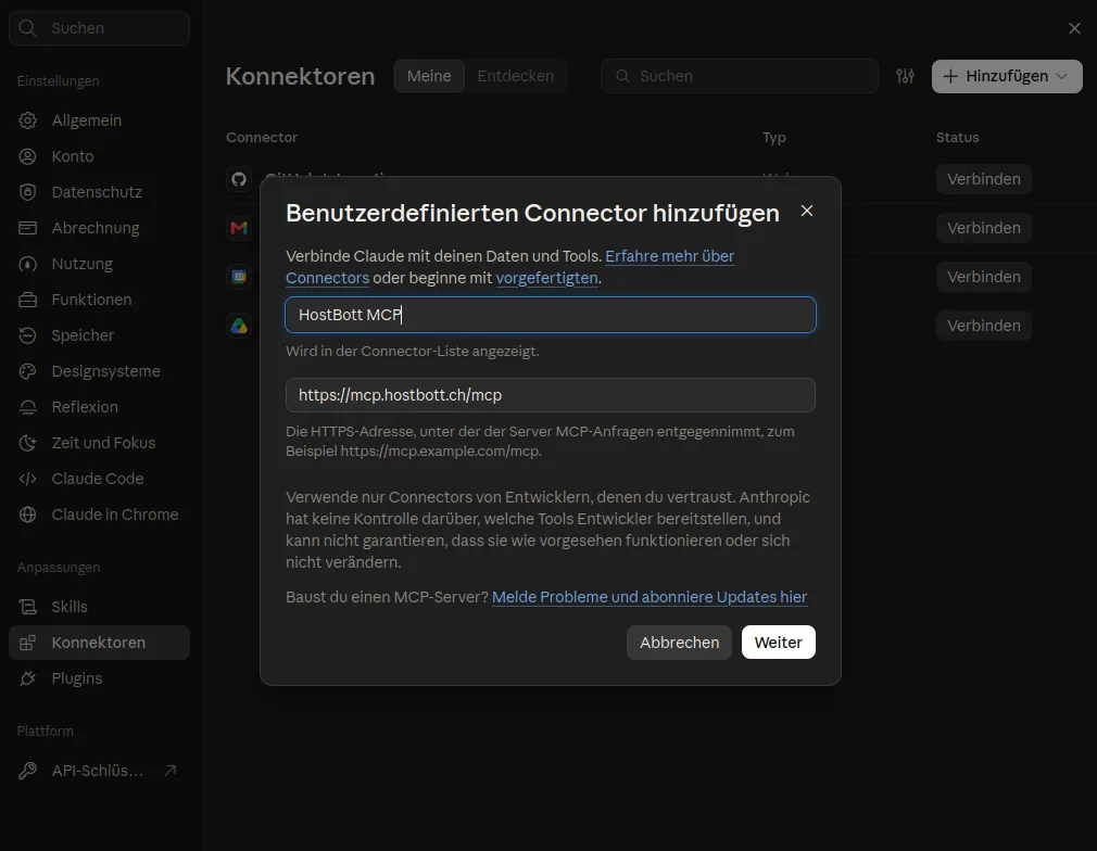Dialog Benutzerdefinierten Connector hinzufügen mit Name HostBott MCP und Adresse https://mcp.hostbott.ch/mcp