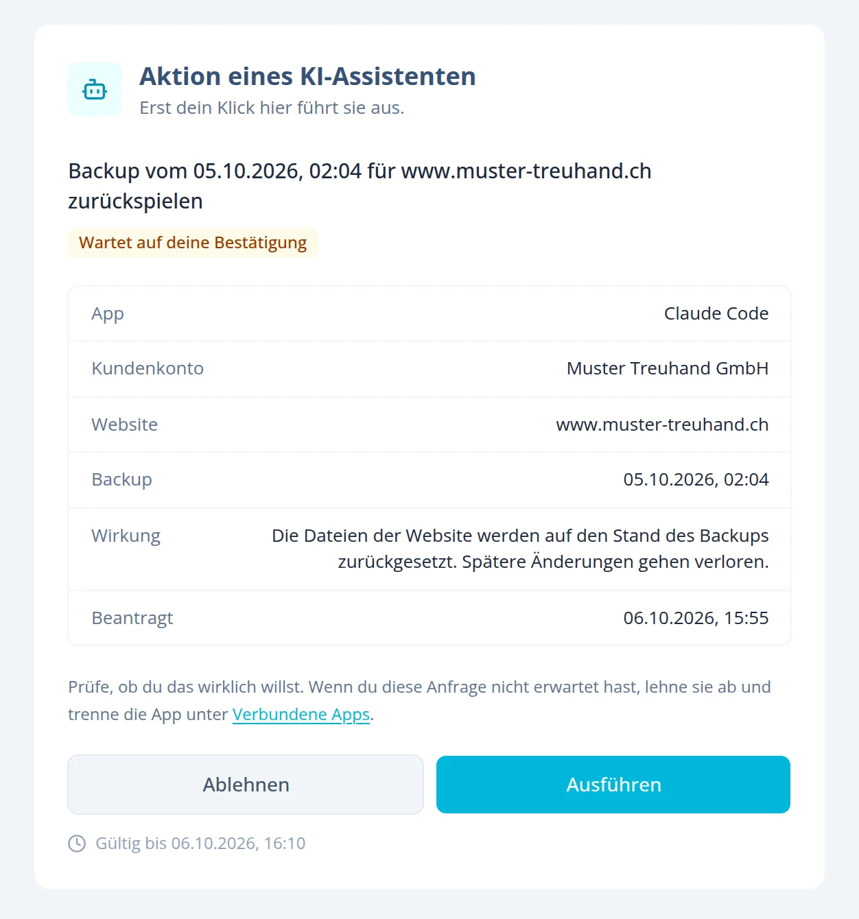 Bestätigungsseite im HostBott-Panel mit Website, Backup, Wirkung und den Knöpfen Ablehnen und Ausführen