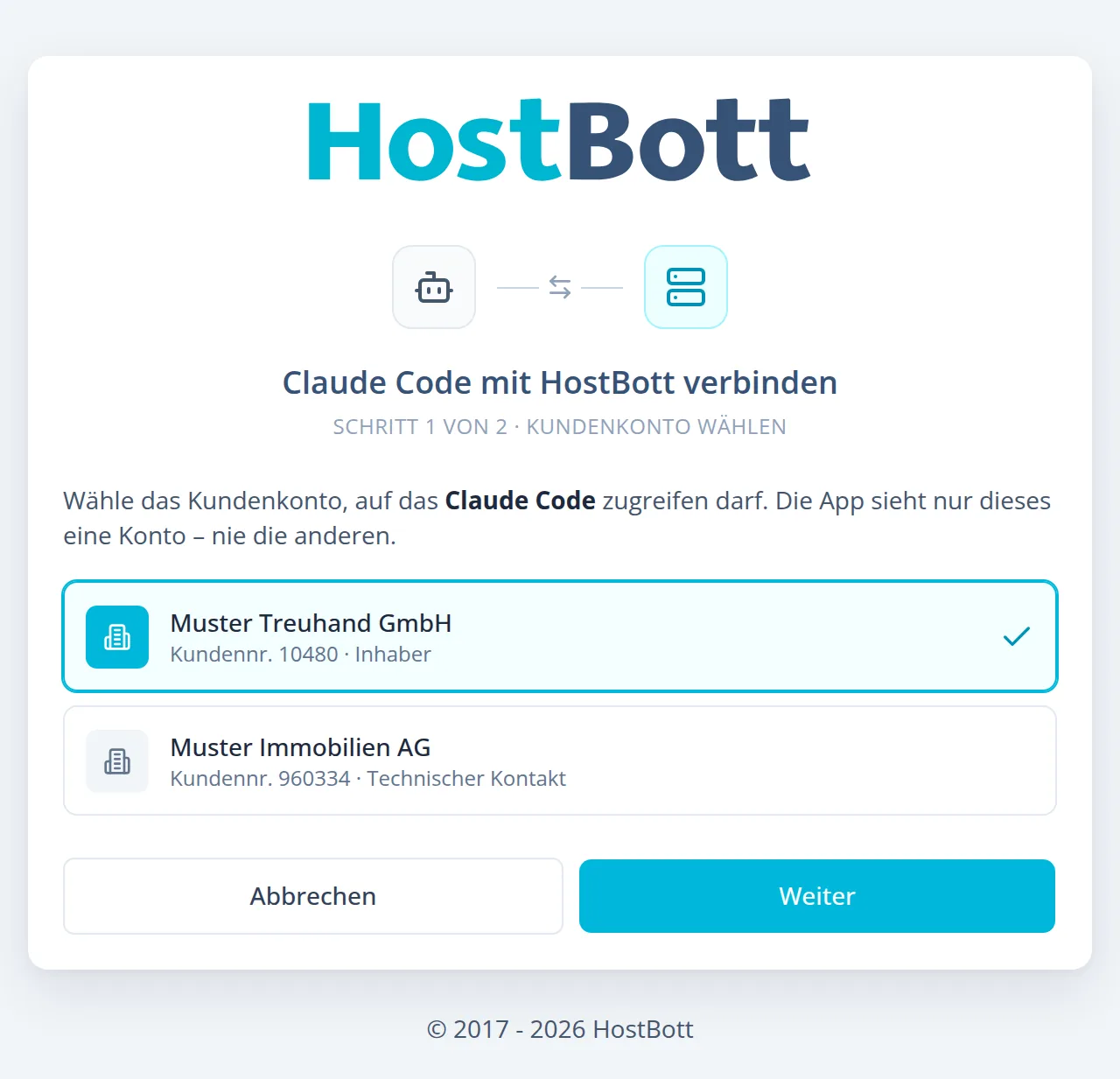 HostBott-Seite Claude Code mit HostBott verbinden, Schritt 1 von 2: Auswahl zwischen zwei Kundenkonten