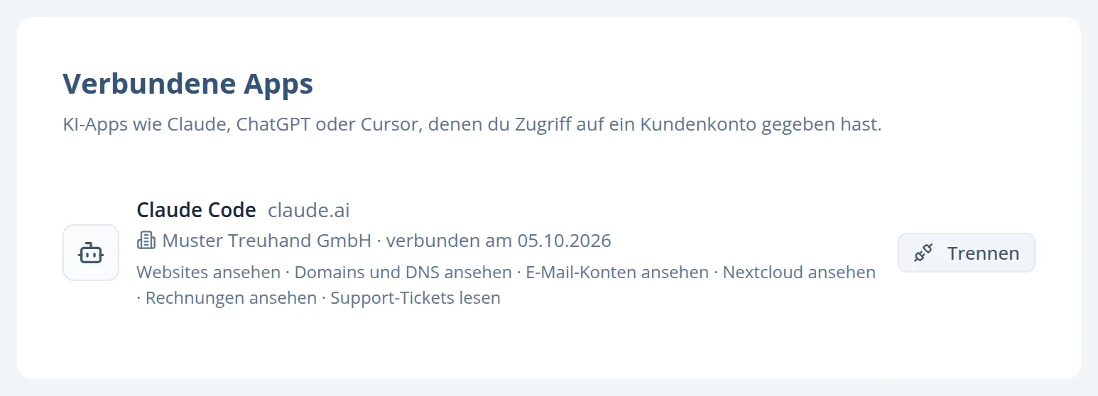 HostBott-Panel, Verbundene Apps: Claude Code von claude.ai mit Muster Treuhand GmbH, Rechten und Knopf Trennen