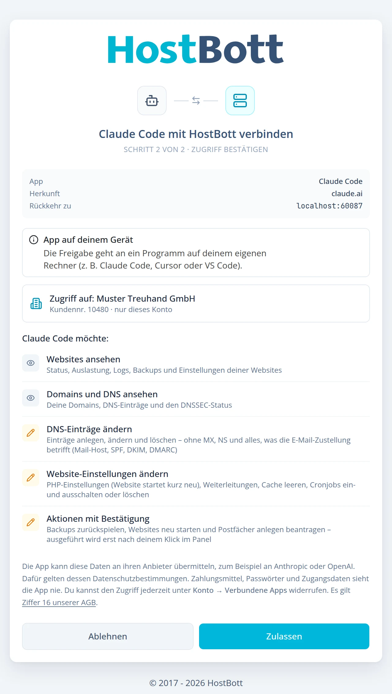 HostBott-Zustimmungsseite mit den Leserechten und den zusätzlichen Rechten DNS-Einträge ändern, Website-Einstellungen ändern und Aktionen mit Bestätigung