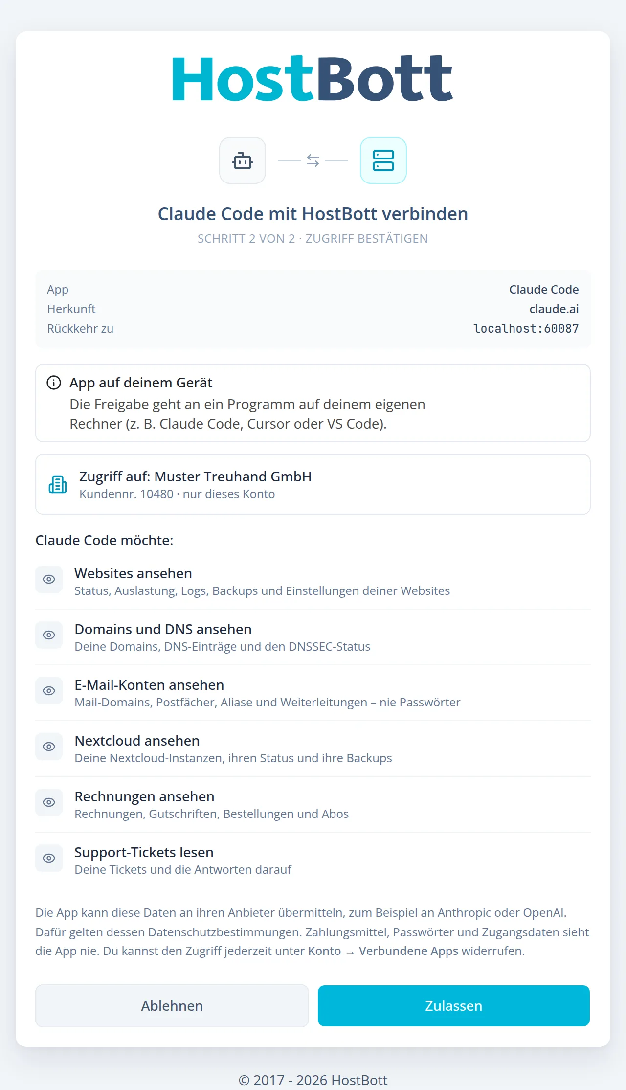 HostBott-Zustimmungsseite mit App-Name, Herkunft, gewähltem Kundenkonto und der Liste der Leserechte