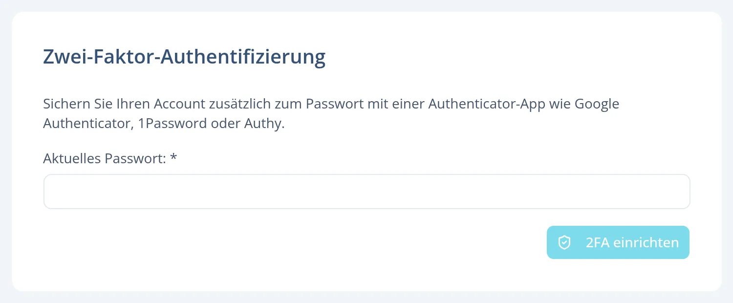 Abschnitt Zwei-Faktor-Authentifizierung im HostBott-Profil mit dem Knopf 2FA einrichten